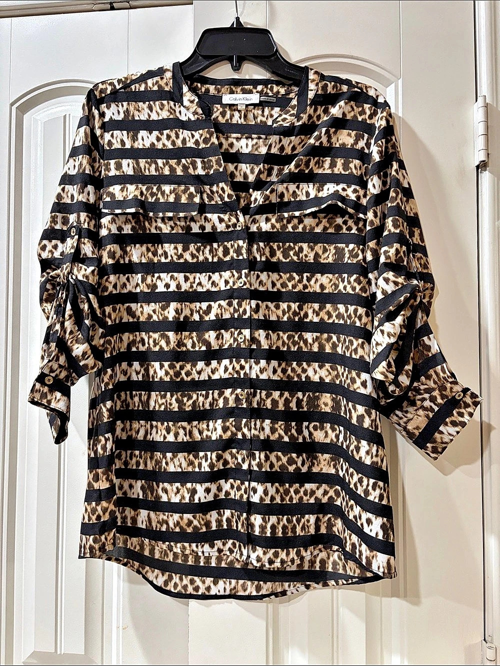 Calvin Klein Animal Print Striped Blouse in Brown & Black Size Medium